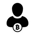 Blockchain icon vector for bitcoin cryptocurrency with male person profile avatar for digital wallet in a glyph pictogram