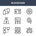 9 blockchain icons pack. trendy blockchain icons on white background. thin outline line icons such as lock, biometric, cit card .