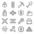 Blockchain icons set vector illustration. Contains such icon as Cryptocurrency, Dig, Private key, Database and more. Expanded Stro