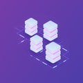 Blockchain illustration with neon lights on purple background. Isometric illustration