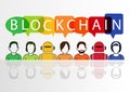 Blockchain illustration with text displayed in colorful speech bubbles