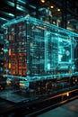 Blockchain Integration, A 3D hologram of a truck container, prominently displayed in a high-tech warehouse. Interactive