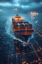 Blockchain Integration, A dynamic holographic image of a container cargo ship, showcased above a digital grid ocean. Floating
