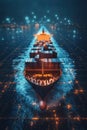 Blockchain Integration, A dynamic holographic image of a container cargo ship, showcased above a digital grid ocean. Floating