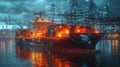 Blockchain Integration, A futuristic holographic representation of a container cargo ship, set in a high-tech marine