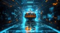 Blockchain Integration, A futuristic holographic representation of a container cargo ship, set in a high-tech marine