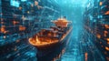 Blockchain Integration Logistic, Present a holographic representation of a cargo ship amidst a dynamic digital backdrop.