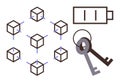 Blockchain network connected to keys and battery icon representing security and energy concepts Royalty Free Stock Photo