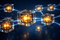 Blockchain network connecting glowing data cubes Royalty Free Stock Photo