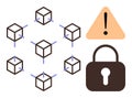 Blockchain network with cubes, warning sign, and security lock emphasizing data protection risks Royalty Free Stock Photo
