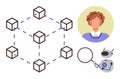 Blockchain network with interconnected cubes, AI robot analyzing data, and human profile icon Royalty Free Stock Photo