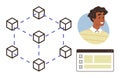 Blockchain network with interconnected cubes, checklist interface, and smiling user representation Royalty Free Stock Photo