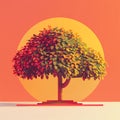Blockchain network nodes illustrated as a growing tree, sunset background, symbolic, panoramic view Royalty Free Stock Photo