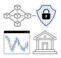 Blockchain Network, Security Shield, Financial Graph, and Bank Building Represent Financial Technology