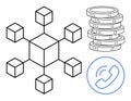 Blockchain Network, Stack of Coins, and Communication Symbol Concept Royalty Free Stock Photo
