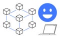 Blockchain network structure, blue smiling face icon, and open laptop representing technology themes Royalty Free Stock Photo