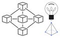 Blockchain network structure with interconnected cubes, light bulb for ideas, and geometric 3D pyramid Royalty Free Stock Photo
