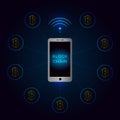 Blockchain network using smartphone banner. Royalty Free Stock Photo