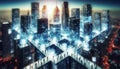 Blockchain-powered futuristic cityscape with smart digital infrastructure and transparent financial systems