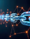 Blockchain tech enhances supply chain traceability. Graphic shows transparent chain links connected by glowing dots. Digital