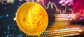 Blockchain technology bitcoin mining concept. Bitcoin golden coin on computer circuit board. banner copy space Royalty Free Stock Photo