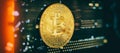 Blockchain technology bitcoin mining concept. Bitcoin golden coin on computer circuit board. banner copy space Royalty Free Stock Photo