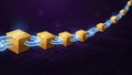 Blockchain technology concept with glowing blue chains connecting golden blocks on a dark background Royalty Free Stock Photo