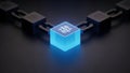 Blockchain technology concept with glowing blue data block connected by metallic chains on dark background Royalty Free Stock Photo