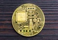 Blockchain technology. Crypto Coin of gold color. Satoshi. Souvenir bitcoin coin
