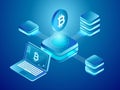 Blockchain technology. Cryptocurrency coins mining, secure distributed network of connected mine blocks isometric vector Royalty Free Stock Photo