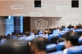 Blockchain technology with icon cyber Security People meeting convention hall group, concept technological advances in the