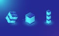 Blockchain technology lemets for design, isometric shining box, database, glass cube dark blue vector