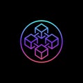 Blockchain Technology linear vector blue icon. Circle with Four Blocks sign