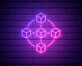 Blockchain technology modern icon. Vector block chain symbol or logo element in colour neon style. Bright pink neon icon