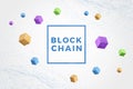 Blockchain text surrounded by blocks, cubes with binary code, and network nodes