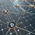 Blockchain transaction node visualization with pulsing hexagons, hash icons and glowing line grid Royalty Free Stock Photo