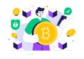 Blockchain Vector Illustration featuring a Tech Architect working at a Computer with Crypto Community Management, and Cube Blocks
