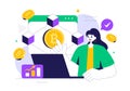 Blockchain Vector Illustration featuring a Tech Architect working at a Computer with Crypto Community Management, and Cube Blocks