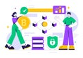 Blockchain Vector Illustration featuring a Tech Architect working at a Computer with Crypto Community Management, and Cube Blocks Royalty Free Stock Photo