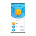 Blockchain wallet smartphone interface vector template. Mobile app page white and blue design layout. Cryptocurrency