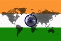 Blockchain world map on the background of the flag of India and cracks. India cryptocurrency concept