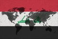 Blockchain world map on the background of the flag of Iraq and cracks. Iraq cryptocurrency concept