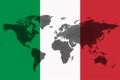 Blockchain world map on the background of the flag of Italy and cracks. Italy cryptocurrency concept