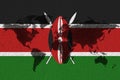 Blockchain world map on the background of the flag of kenya and cracks. kenya cryptocurrency concept