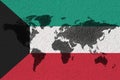 Blockchain world map on the background of the flag of kuwait and cracks. kuwait cryptocurrency concept