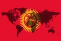 Blockchain world map on the background of the flag of Kyrgyzstan and cracks. Kyrgyzstan cryptocurrency concept