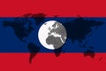 Blockchain world map on the background of the flag of Laos and cracks. Laos cryptocurrency concept