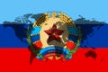 Blockchain world map on the background of the flag of Lugansk People`s Republic and cracks. Lugansk People`s Republic