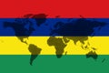 Blockchain world map on the background of the flag of Mauritius and cracks. Mauritius cryptocurrency concept