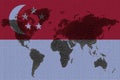 Blockchain world map on the background of the flag of Singapore and cracks. Singapore cryptocurrency concept